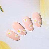 Foccna Medium Length Nude False Nails Almond Daisy Press On Nails Full Cover Fake Nails Glossy Acrylic Nails For Women And Girls -24 Pcsa (Daisy Design 2)