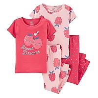 Carters Toddler Girls 4Pc Cotton Snug Pajamas Pjs Set (Raspberry Sweet Dreams, 4T)