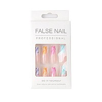 Foccna Extra Long Pink Press On Nails Luxury Fake Nails Rainbow Acrylic False Nails With Sticker Prom Womens Nails Colorful False Nail - Tips 24 Pcs