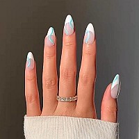 Babalal Medium Length Press On Nails Almond Fake Nails Glossy French Nails Swirl Glue On Nails For Women And Girls