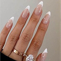 Foccna French Press On Nails Medium, Pearl White Fake Nails Almond Acrylic False Nails, Artificial Nails For Women And Girls 24 Pcsa