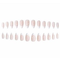 Foccna French Press On Nails Medium, Pearl White Fake Nails Almond Acrylic False Nails, Artificial Nails For Women And Girls 24 Pcsa