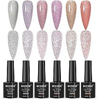 Mizhse Reflective Base Nail Polish Gel 10Ml, 2 In 1 Glitter Shiny Rubber Base Coat Nail Art Soak Off Shimmery Manicure Set For Home Salon 6 Pcs