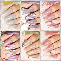 Mizhse Reflective Base Nail Polish Gel 10Ml, 2 In 1 Glitter Shiny Rubber Base Coat Nail Art Soak Off Shimmery Manicure Set For Home Salon 6 Pcs