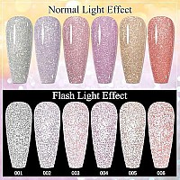 Mizhse Reflective Base Nail Polish Gel 10Ml, 2 In 1 Glitter Shiny Rubber Base Coat Nail Art Soak Off Shimmery Manicure Set For Home Salon 6 Pcs