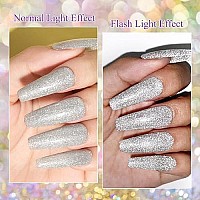 Mizhse Reflective Base Nail Polish Gel 10Ml, 2 In 1 Glitter Shiny Rubber Base Coat Nail Art Soak Off Shimmery Manicure Set For Home Salon 6 Pcs