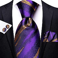 Hi-Tie Purple And Gold Mens Tie For Silk Wedding Party Necktie And Pocket Square Cufflinks Set