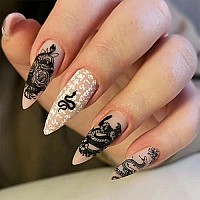 Imsohot Matte Long Press On Nails Almond Stiletto Snake Fake Nails Full Cover Black False Nails With Designs White Glue On Nails Acrylic Nails For Women