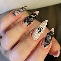 Imsohot Matte Long Press On Nails Almond Stiletto Snake Fake Nails Full Cover Black False Nails With Designs White Glue On Nails Acrylic Nails For Women