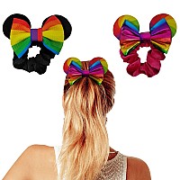 Styla Hair 2pk Mouse Ear Scrunchies for Kids Velvet Hair Bow Scrunchies for Women - Sparkle Sequins Mouse Hair Bands for Pony Tail Mickey Ears (Rainbow)