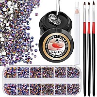 1Pc 8Ml Wipe-Off Nail Art Rhinestone Glue Gel Adhesive + 1 Box 2-5Mm Flat Back Round Glass Blue Ab Rhinestones + 3Pcs Glue Brush + 1Pc Pickup Pencil