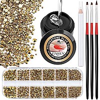 1Pc 8Ml Wipe-Off Nail Art Rhinestone Glue Gel Adhesive + 1 Box 2-5Mm Flat Back Round Glass Gold Rhinestones + 3Pcs Glue Brush + 1Pc Pickup Pencil