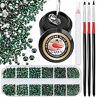 1Pc 8Ml Wipe-Off Nail Art Rhinestone Glue Gel Adhesive + 1 Box 2-5Mm Flat Back Round Glass Green Rhinestones + 3Pcs Glue Brush + 1Pc Pickup Pencil