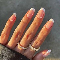 Foccna Square Press On Nails Medium, Pearl White Fake Nails Acrylic French False Nails, Artificial Glossy Nude Nails For Women And Girls- 24 Pcsa