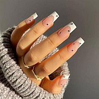 Babalal Coffin Press On Nails Medium Fake Nails With Nail Glue Nude White Glossy Glue On Nails 24Pcs Ballerina Acrylic Nails With Rhinestones Designs False Nails For Women And Girls