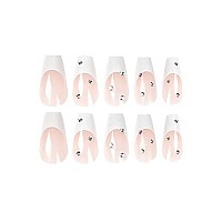 Babalal Coffin Press On Nails Medium Fake Nails With Nail Glue Nude White Glossy Glue On Nails 24Pcs Ballerina Acrylic Nails With Rhinestones Designs False Nails For Women And Girls