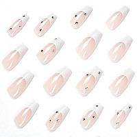 Babalal Coffin Press On Nails Medium Fake Nails With Nail Glue Nude White Glossy Glue On Nails 24Pcs Ballerina Acrylic Nails With Rhinestones Designs False Nails For Women And Girls