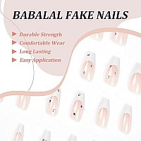 Babalal Coffin Press On Nails Medium Fake Nails With Nail Glue Nude White Glossy Glue On Nails 24Pcs Ballerina Acrylic Nails With Rhinestones Designs False Nails For Women And Girls