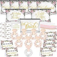 63 Pcs Bride Bridesmaid Proposal Gift Maid Of Honor Gifts Matron Of Honor Gifts Brides Bridesmaid Cosmetic Makeup Bag Hair Knotted Bracelets Invitation Cards For Wedding Bachelorette(Flower Style)