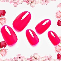 Hot Pink Press On Nails Short Oval- Glamermaid Handmade Glue On Gel Nails Series, Seduction Red Jelly Finish Fake Nails Medium Short, Solid Red Acrylic False Nail Kits, Nude Stick Glue On Nails Sets Reusable Full Cover For Women Girls Gift, 24Pcs