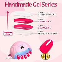 Hot Pink Press On Nails Short Oval- Glamermaid Handmade Glue On Gel Nails Series, Seduction Red Jelly Finish Fake Nails Medium Short, Solid Red Acrylic False Nail Kits, Nude Stick Glue On Nails Sets Reusable Full Cover For Women Girls Gift, 24Pcs