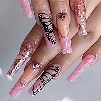 Qingge French Tip Press On Nails Long Coffin Fake Nails Black Butterfly Glue On Nails Nude Pink Acrylic Nails Tips Golden Glitter Rhinestone Stick On Nails Ballerina False Nails For Women 24Pcs