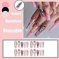 Qingge French Tip Press On Nails Long Coffin Fake Nails Black Butterfly Glue On Nails Nude Pink Acrylic Nails Tips Golden Glitter Rhinestone Stick On Nails Ballerina False Nails For Women 24Pcs