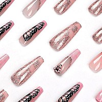 Qingge French Tip Press On Nails Long Coffin Fake Nails Black Butterfly Glue On Nails Nude Pink Acrylic Nails Tips Golden Glitter Rhinestone Stick On Nails Ballerina False Nails For Women 24Pcs