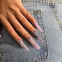 Qingge French Tip Press On Nails Long Coffin Fake Nails Black Butterfly Glue On Nails Nude Pink Acrylic Nails Tips Golden Glitter Rhinestone Stick On Nails Ballerina False Nails For Women 24Pcs