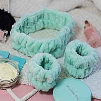 Frog Sac Mint Spa Headband For Washing Face And Matching Wristbands, Teen Girls Fuzzy Skincare Headbands, Kids Soft Facial Makeup Head Band, Shower Skin Care Girl Hair Sleepover Party Supplies