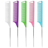 Rat Tail combs for Hair Stylist: 5Pcs Parting comb for Braids, Metal Long Steel Pin Rat Tail Teasing combs, Professional Hair Salon Quality,combs for Women (F Style)