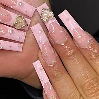 Qingge French Tip Press On Nails Long Coffin Fake Nails 3D Heart Glue On Nails Pink Rhinstone Pearl Acrylic Nails Tips Valentine Ballerina False Nails With Design Luxury Stick On Nails For Women