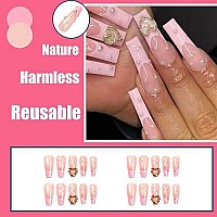 Qingge French Tip Press On Nails Long Coffin Fake Nails 3D Heart Glue On Nails Pink Rhinstone Pearl Acrylic Nails Tips Valentine Ballerina False Nails With Design Luxury Stick On Nails For Women