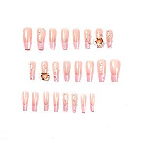 Qingge French Tip Press On Nails Long Coffin Fake Nails 3D Heart Glue On Nails Pink Rhinstone Pearl Acrylic Nails Tips Valentine Ballerina False Nails With Design Luxury Stick On Nails For Women