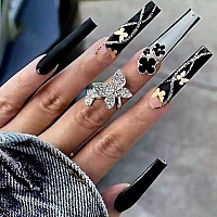 Qingge Black Press On Nails Long Coffin Fake Nails Glitter Rhinstone Full Cover Glue On Nails Butterfly Acrylic Nails Tips Valentine Ballerina False Nails Luxury Stick On Nails For Women 24Pcs