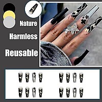 Qingge Black Press On Nails Long Coffin Fake Nails Glitter Rhinstone Full Cover Glue On Nails Butterfly Acrylic Nails Tips Valentine Ballerina False Nails Luxury Stick On Nails For Women 24Pcs