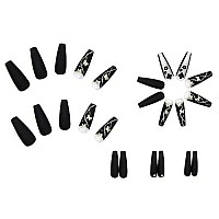 Qingge Black Press On Nails Long Coffin Fake Nails Glitter Rhinstone Full Cover Glue On Nails Butterfly Acrylic Nails Tips Valentine Ballerina False Nails Luxury Stick On Nails For Women 24Pcs