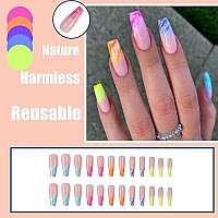 Qingge Press On Nails Long Coffin Fake Nails Blue Wave Glue On Nails Colorful Acrylic Nails Tips Summer Swirl Beach False Nails With Design Glossy Luxury Stick On Nails For Women 24Pcs