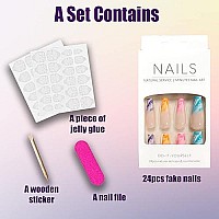 Qingge Press On Nails Long Coffin Fake Nails Blue Wave Glue On Nails Colorful Acrylic Nails Tips Summer Swirl Beach False Nails With Design Glossy Luxury Stick On Nails For Women 24Pcs