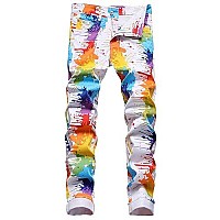 Mens Casual Paint Printed Jeans Skinny White Denim Pants (5696 White Painted, 38)