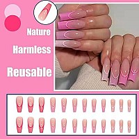 Qingge Pink French Tip Press On Nails Long Coffin Fake Nails Glossy Line Design Stick On Nails With Glue Nude Hot Pink False Nails Tips Exquisite Acrylic Nails Summer Static Nails For Women 24Pcs