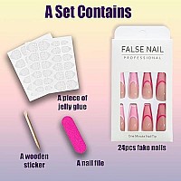 Qingge Pink French Tip Press On Nails Long Coffin Fake Nails Glossy Line Design Stick On Nails With Glue Nude Hot Pink False Nails Tips Exquisite Acrylic Nails Summer Static Nails For Women 24Pcs