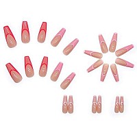 Qingge Pink French Tip Press On Nails Long Coffin Fake Nails Glossy Line Design Stick On Nails With Glue Nude Hot Pink False Nails Tips Exquisite Acrylic Nails Summer Static Nails For Women 24Pcs