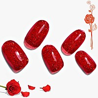 Press On Nails Short Almond Glamermaid, 24Pcs Nude Red Oval Y2K Short Fake Nails With Spring Summer Design, Glitter Glue On Nails For Women Reusable False Nail Tips With 48Pcs Adhesive Tabs Nail File, Cuticle Stick, Gift For Girlfriend