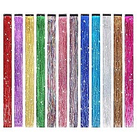 Bhf 19 Inch Tinsel Hair Extensions 12 Colors Glitter Hair Extension Clip In Gold Sparkling Fairy Hair Tinsel Kit Shiny Highlights Colorful Heat Resistant Hair Accessories For Girls Xmas New Year Party