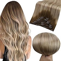 Clip In Hair Extensions Real Human Hair,Full Shine Dark Brown Roots Ash Brown Mix Medium Blonde 7 Pcs Clip In Remy Extensions Silky Straight 120 Grams Full Head Balayage Hair 14 Inch