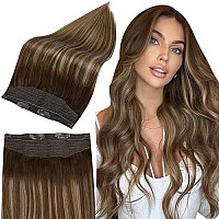 Full Shine 20 Inch Brown Ombre Human Hair Extensions Wire Extensions Remy Hair 90 Grams One Piece Headband Extensions Invisible Fish Wire Extensions Silky Brown Hair Real Hair Fish Line Extensions