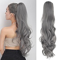 JHZSJF Wavy Drawstring Ponytail Extension 24 Inch 56 Oz Wrap Around Fake Ponytais Hairpiece Synthetic Long Body Wave Pony Tails Hair Extensions Heat Resistant granny grey