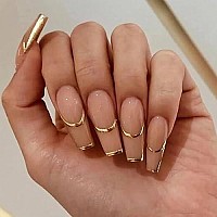 Babalal Coffin Press On Nails Long French Tip Fake Nails Nude Glossy Glue On Nails 24Pcs Ballerina Golden Acrylic Nails With Design Stick On Nails