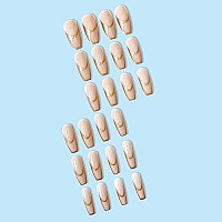 Babalal Coffin Press On Nails Long French Tip Fake Nails Nude Glossy Glue On Nails 24Pcs Ballerina Golden Acrylic Nails With Design Stick On Nails